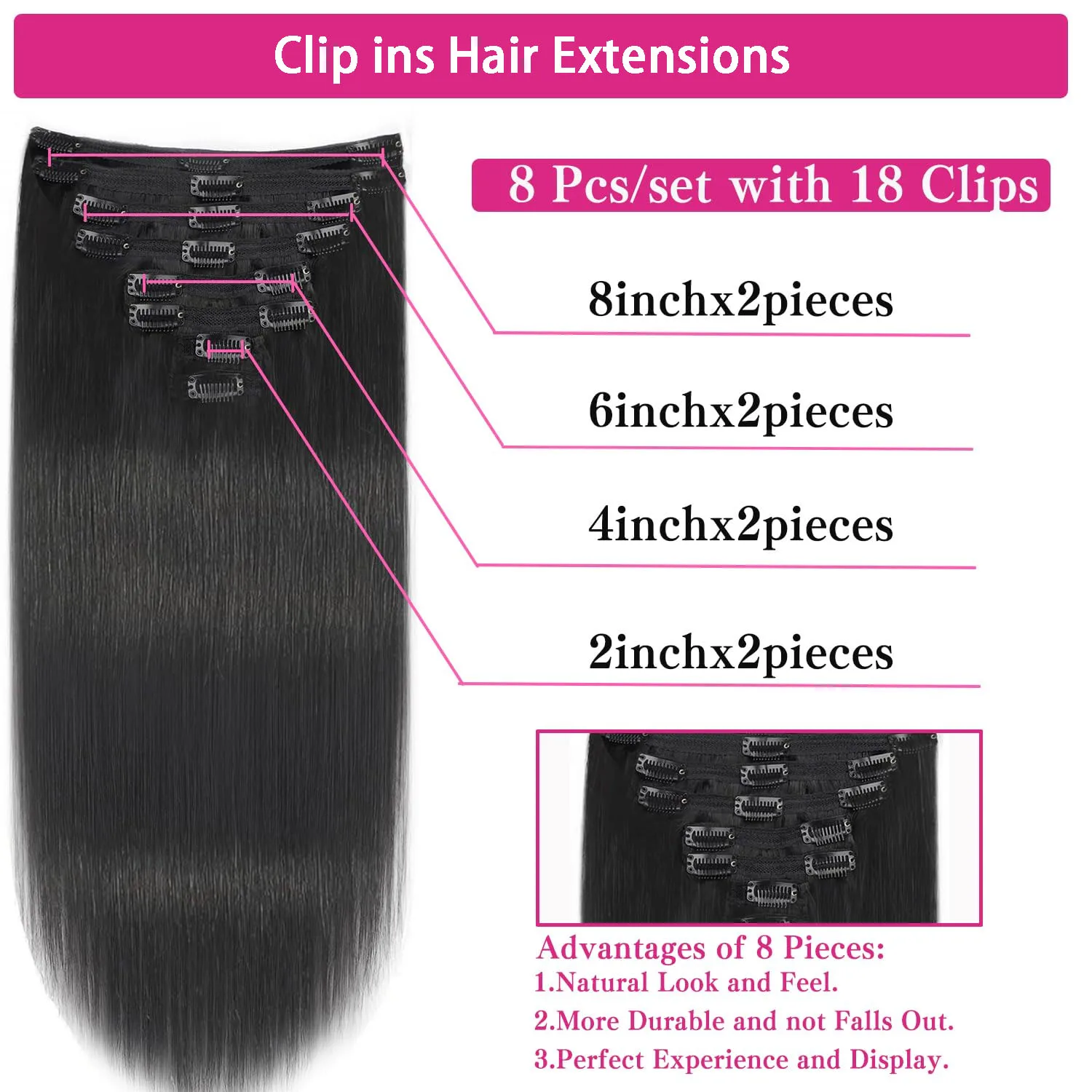 Hair Extensions Straight Clip ins 100 Human Full Head ins Natural Color