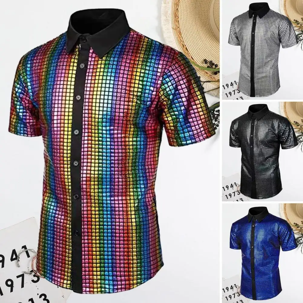 

Men Club Shirt Mens 70s Disco Costume Vinatge Turn-down Collar Reflective Shiny Sequins Short Sleeve Button Down Shirt