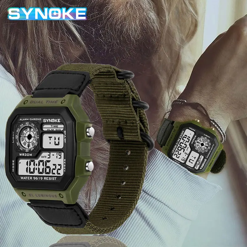 SYNOKE – montre numérique Led pour hommes, étanche, en Nylon, de luxe, sport, grand réveil