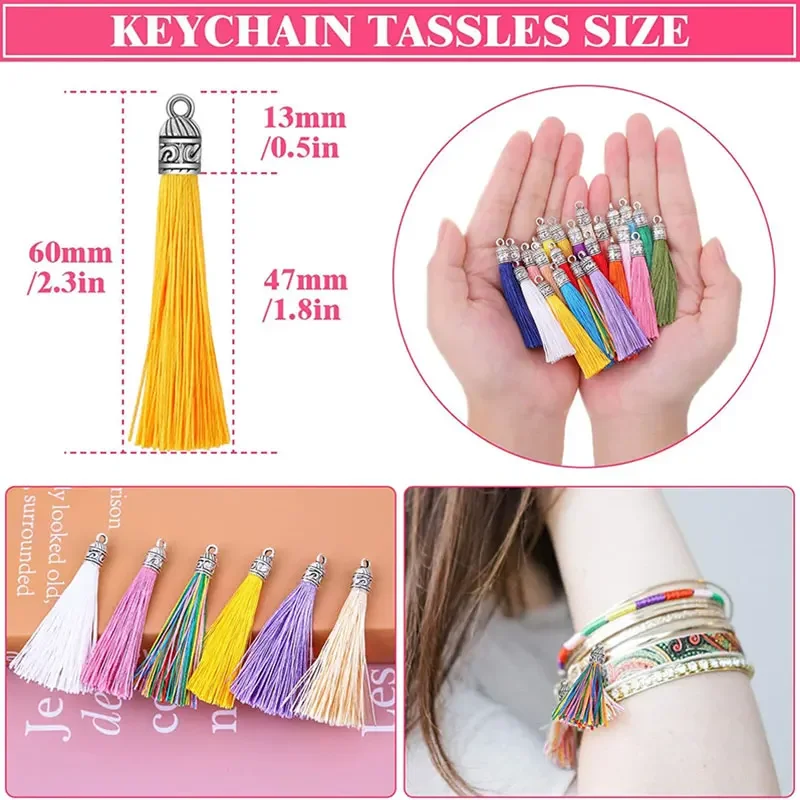 Tassel Fringe Tassel Decoration Tassel Accessories Tassel Trim Mini Tassels Bookmark Tassels Silky Floss Tassels Leather Tassels Fluorescent Tassels 10-100PCS Tassels for Jewelry Making 6CM Keychain Tassel Charms Bulk Silky Handmade Tassels Bulk for DIY Craft Earring Necklaces