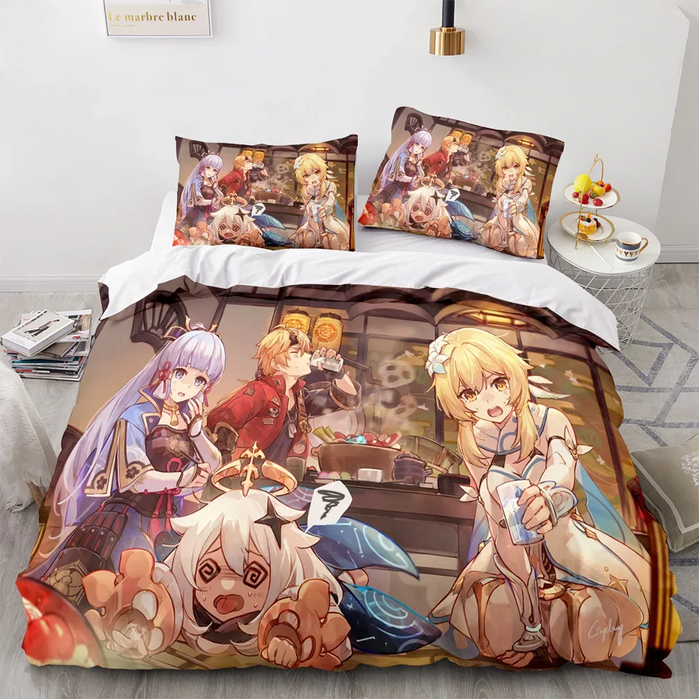 thumbnail image 1 of Juego de cama con edredón Genshin Impact, funda de edredón, funda de almohada, juegos de 2 o 3 piezas, tamaño para niños y adultos, 1 of 5