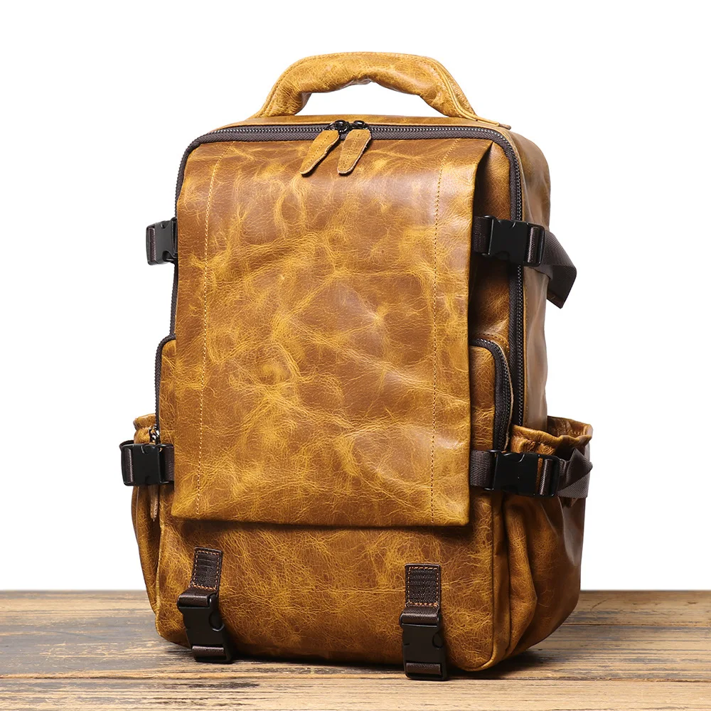 Men's Genuine Leather Travel Backpack Large Capacity Computer Bag Business Double Shoulder Bag