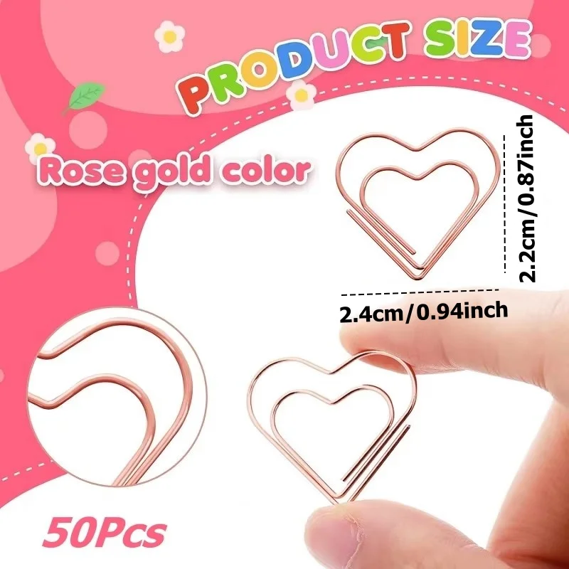 50Pcs/Set Metal Paper Clips Hearts Mini Binder Clip Bookmark Book Binding Note Decor Stationery School Office Binding Supplies paper clips