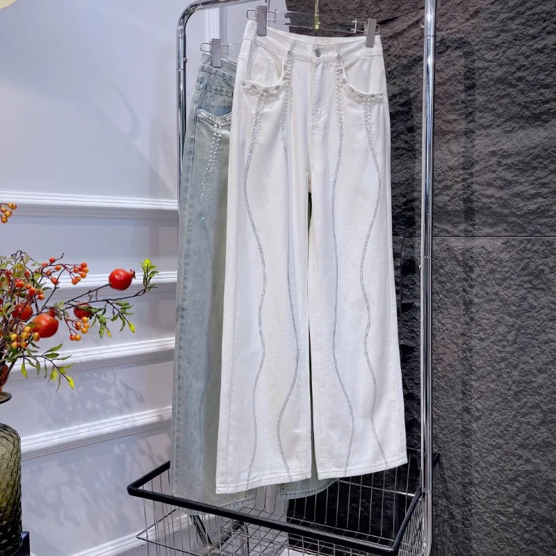 Beige Heavy Handmade Beaded Loose Jeans Women\'s 2024 Spring New Design Sense Fashion Casual Straight Denim Pants Baggy Trousers
