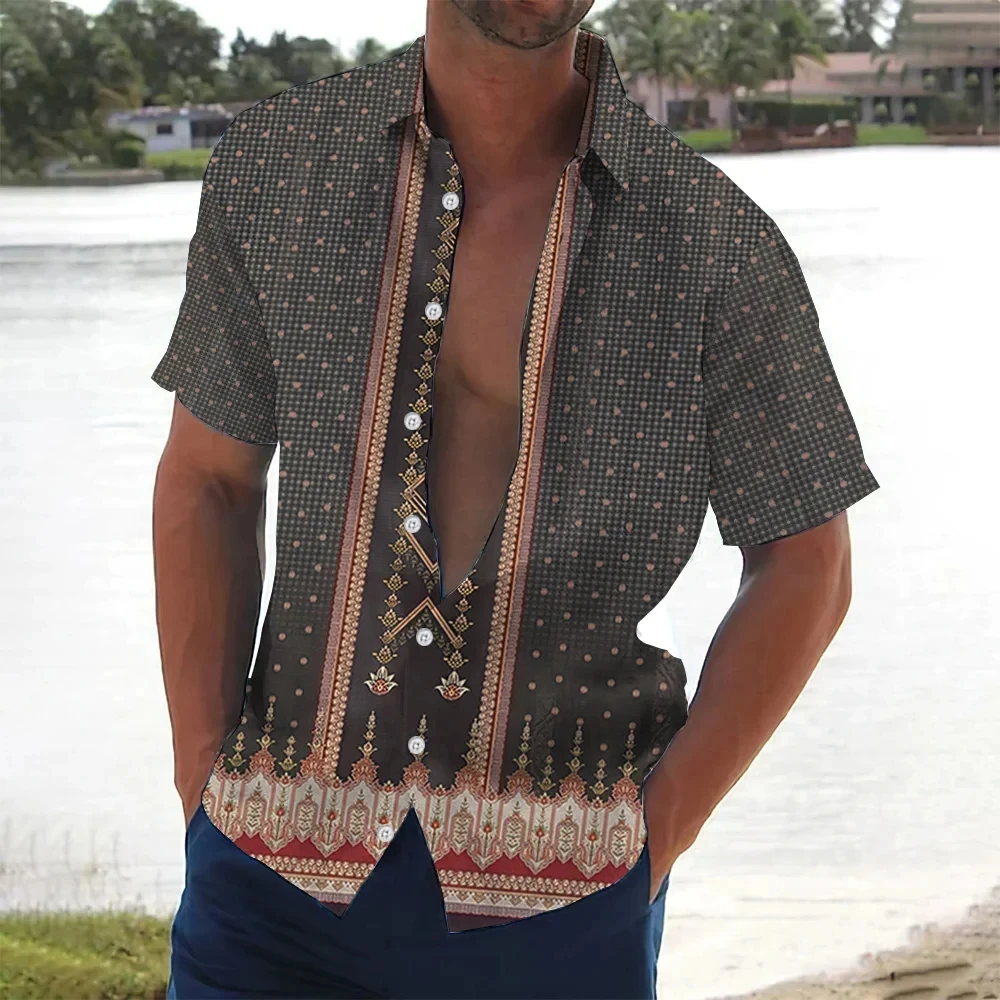 thumbnail image 1 of Camisa de manga corta con cuello abatible y botones para hombre, informal, cómoda, transpirable, con estampado 3D de rayas de playa para vacaciones, 1 of 5
