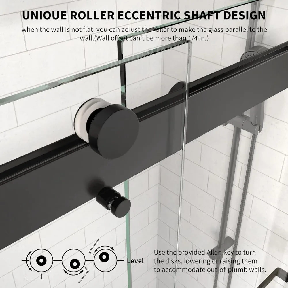 Frameless Shower Door,60" W X 74" H Double Sliding Door with 5/16" SGCC Tempered Clear Glass,Matte Black Shower Door 3
