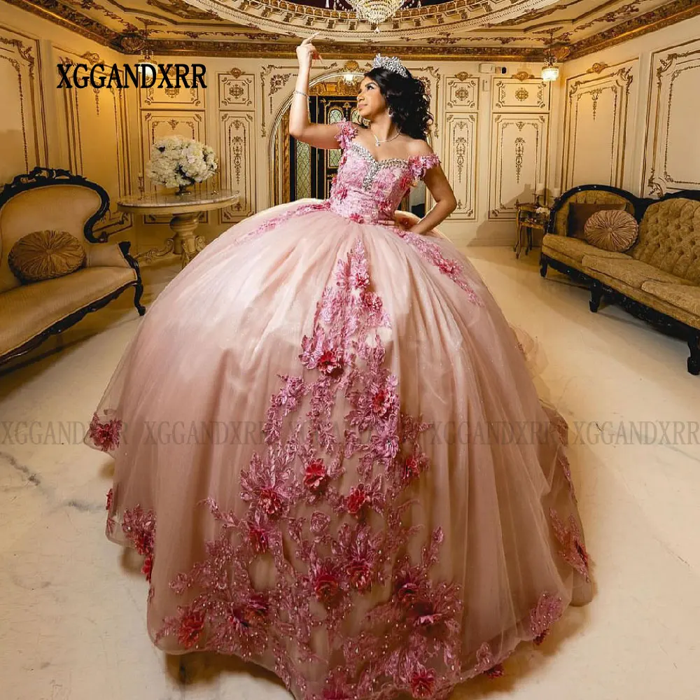 

Pink Long Train Quinceanera Dress 2024 Flower Birthday Party Ball Gown Sweet 15 16 Vestidos De 15 Años Quinceañeras Princess