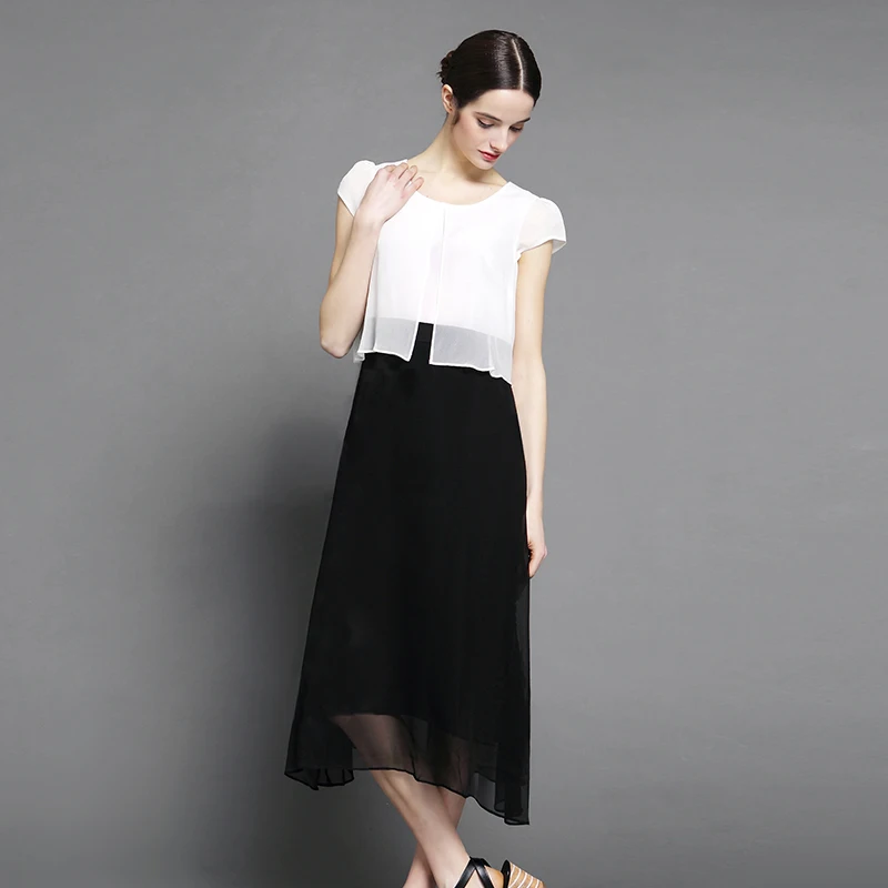 

Женское Двухслойное приталенное платье, шелковое платье из шелка тутового шелкопряда с круглым вырезом и коротким рукавом, праздничное платье в Корейском стиле из двух частей, AS535, на лето