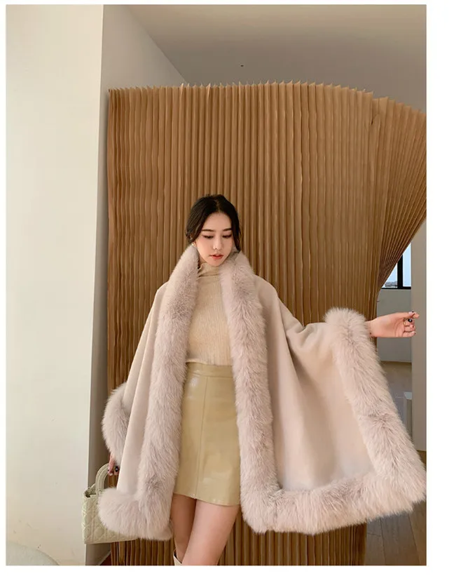Luxus Frauen Herbst Warme 100% Wolle Schal mit Echten Fuchs Pelz Trim Winter Lange Pashmina Dicken Poncho Wraps Fashoin Cape – Detail 6