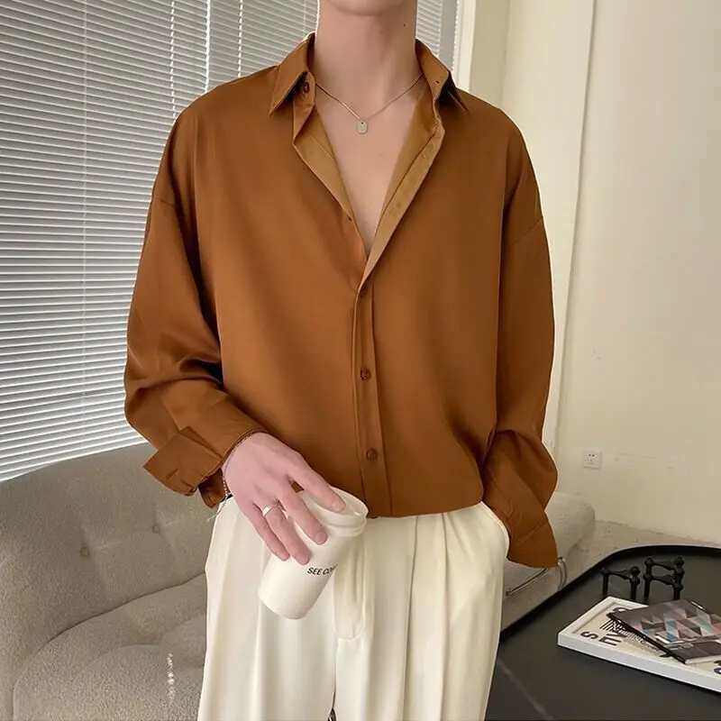 Allure Mature Men Silk Blouse Senior Loose Elegant Handsome Graceful Shirts Wrinkle Proof Tops Male Solid Simple Party Blouse