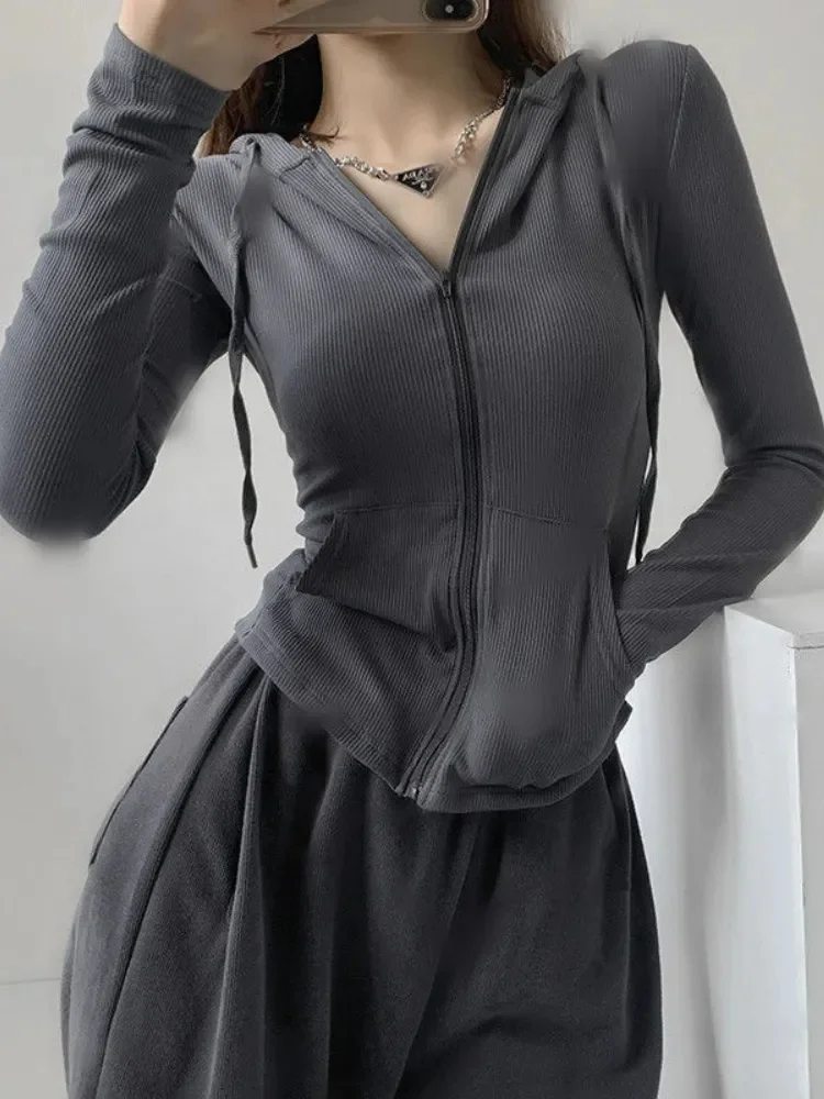 

Gothic Streetwear Zip Up Oversized T Shirts Women Vintage Sexy Solid Hooded Cardigan Long Sleeve Cropped Tops Tracksuit