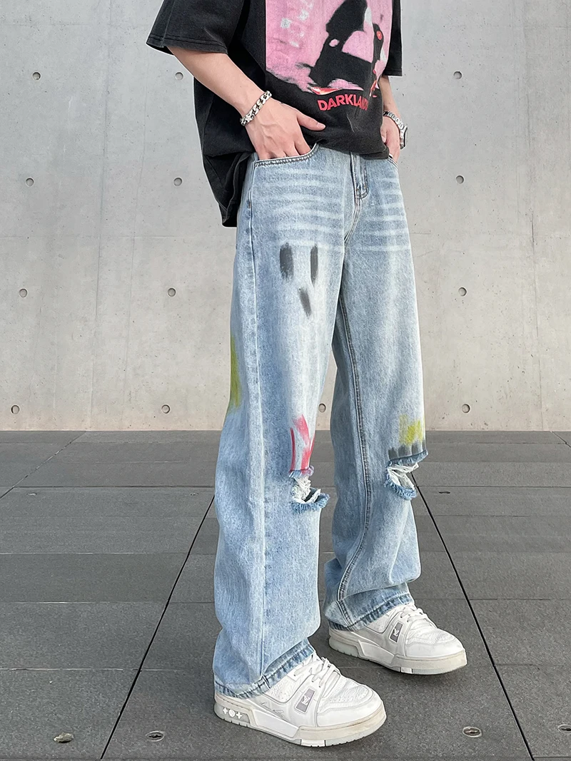 Graffiti Blue Wash Hole Jeans American Wide Leg Trousers Floor Slam Trousers Straight Leg Trousers Fashion Trend