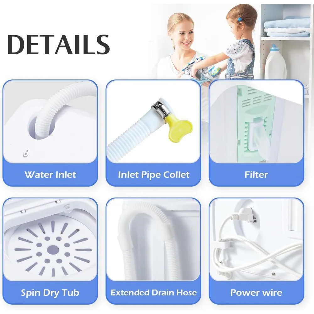 Portable Washing Machine 17.6Lbs Capacity Mini Compact Twin Tub Laundry Washer & Spinner with Gravity Drain Pump for Apartment 3