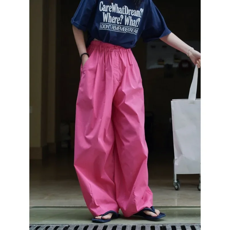 Summer Rose Red Wide Leg Casual Pants Light Trousers Women Loose Thin Simple Fashion Silhouette High Waist Slimming Dark Blue