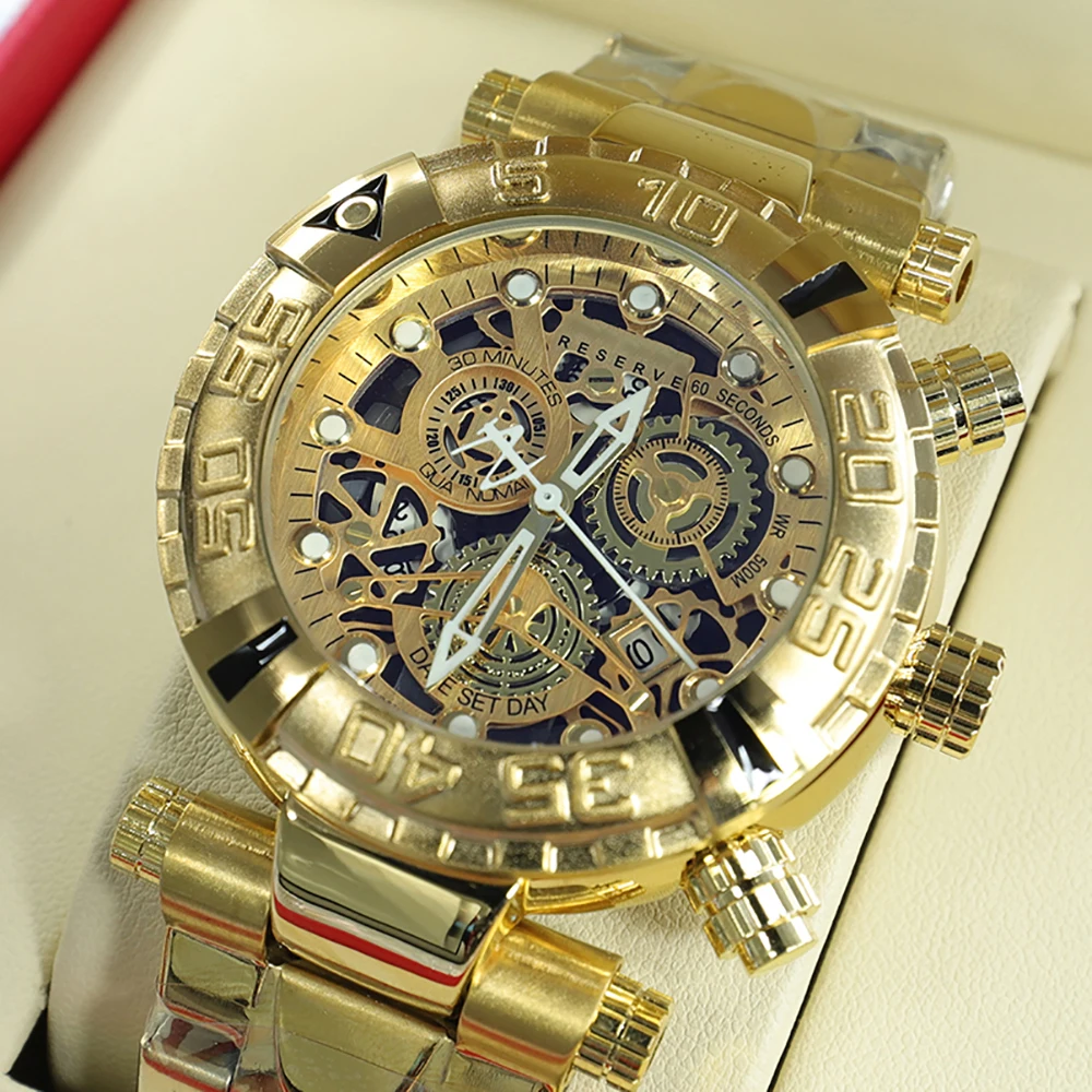 

Creative Design 18K Gold Skeleton Dial Undefeated Reserve Mens Watches Invincible Steel Watch Original Clocks Relogio Masculino