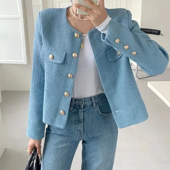 معطف تويد من الصوف لخريف وشتاء 2025 من AOSSVIAO موضة الراقية بزر ذهبي قصير ومزاج نحيف معاطف كورية للنساء 4