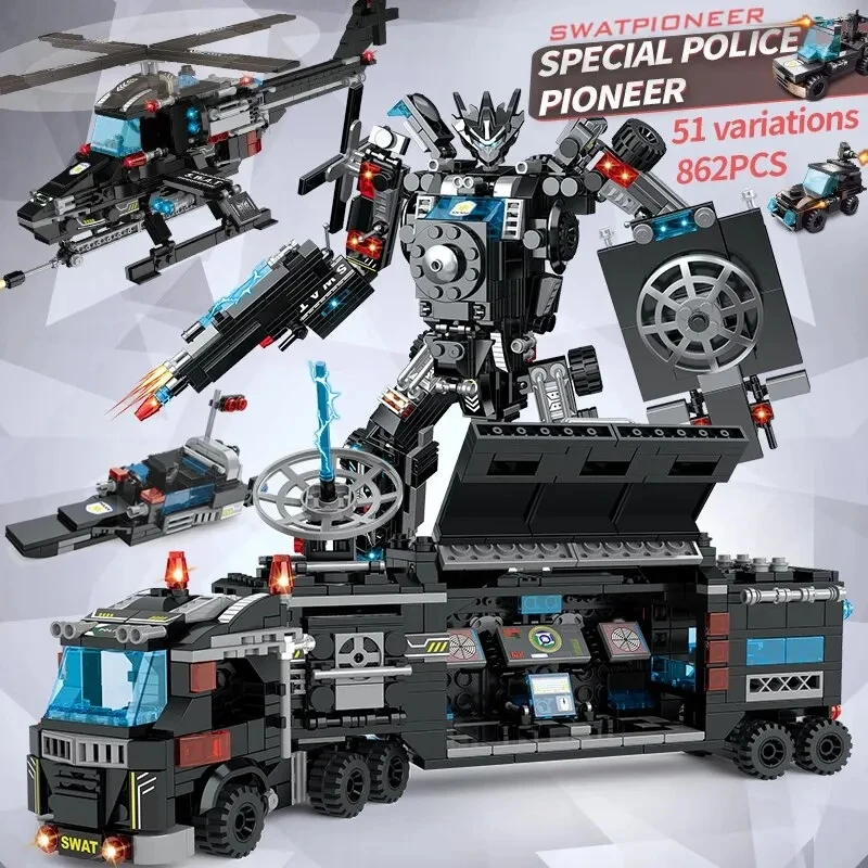 8 in1 Military Police Building Blocks Set Model Car Aircraft Mecha Transform Rob