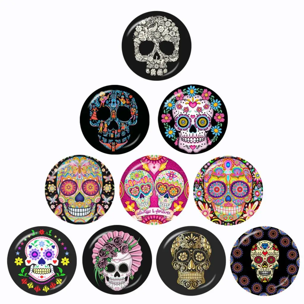 

Skeleton Sugar Skull Pattern 10pcs 12mm/16mm/18mm/20mm/25mm/30mm Round Photo Glass Cabochon Demo Flat Back Making Finding