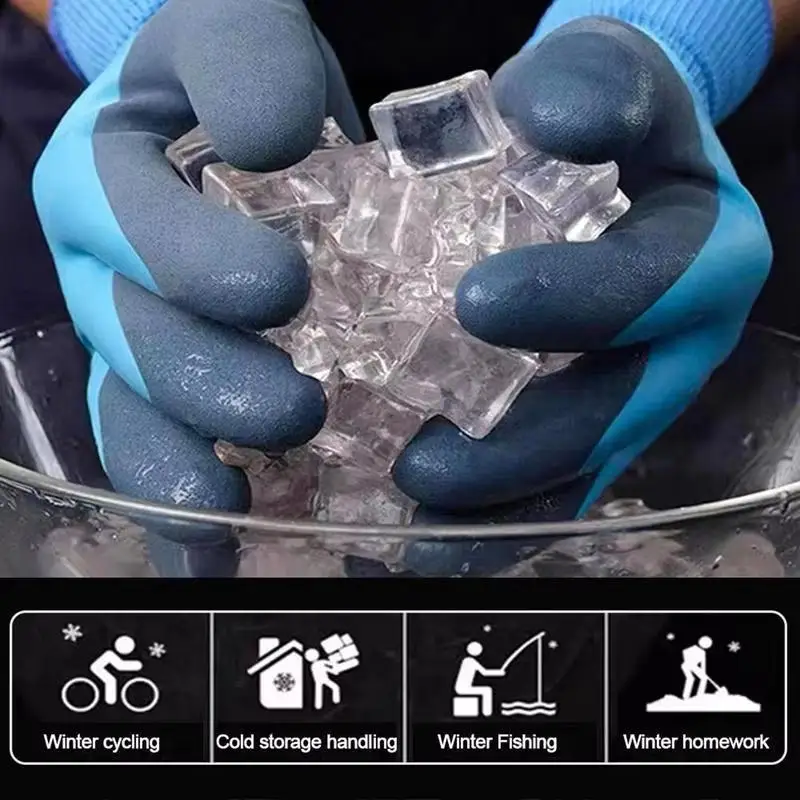 Thickened Plush Warm Fully Rubber Waterproof Work Gloves for Cold Storage Fishing Aquatic Products Frosted Labor Protection