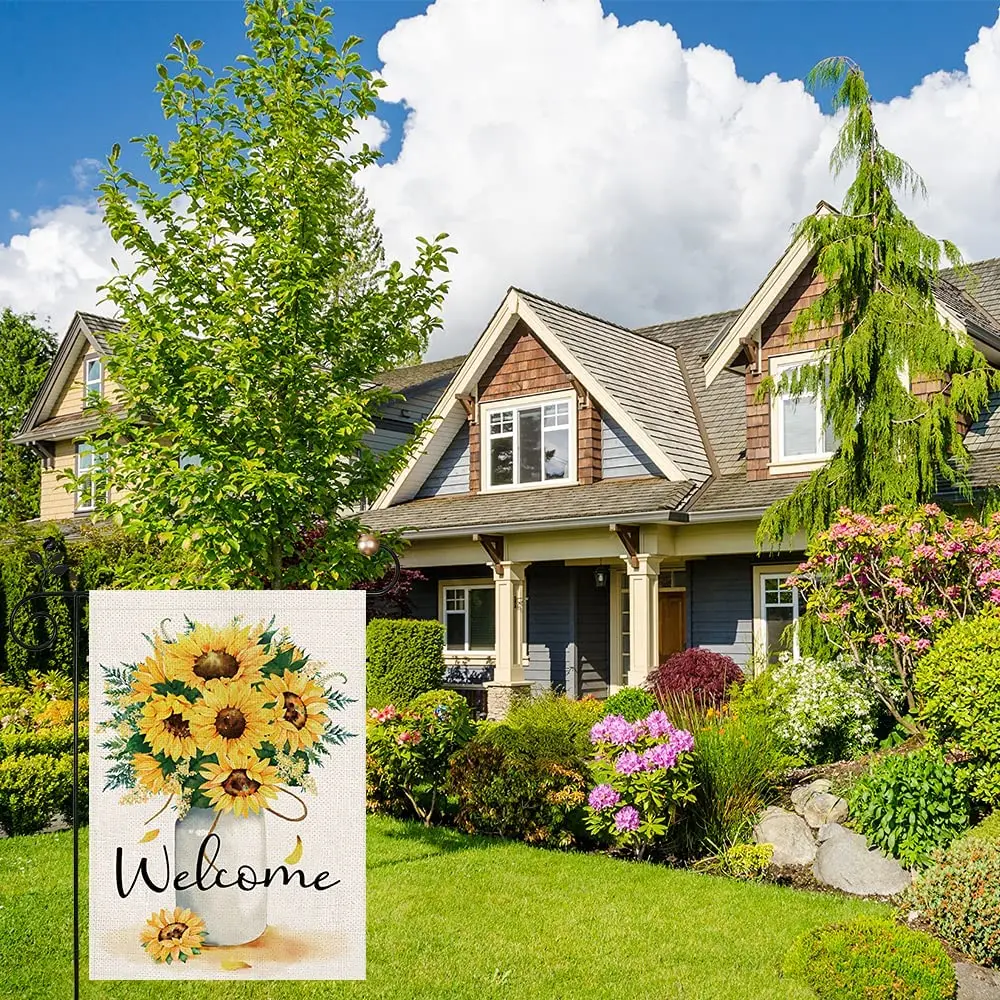 Welcome Summer Garden Flag, Summer Sunflower Vase Garden Flag Double Sided, Summer Fall Small Garden Flag Outdoor Decoration Ban