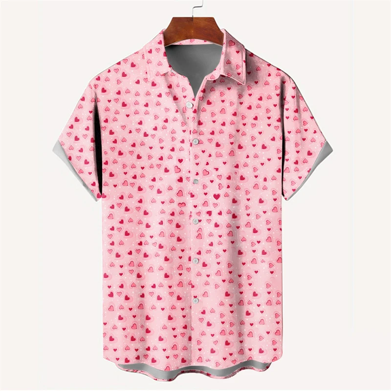 thumbnail image 1 of Nueva camisa de moda para hombre con estampado 3D, de verano, de manga corta, con una sola fila de botones, holgada, de gran tamaño, con estampado de corazón amoroso, tendencia, camisas unisex, 1 of 5
