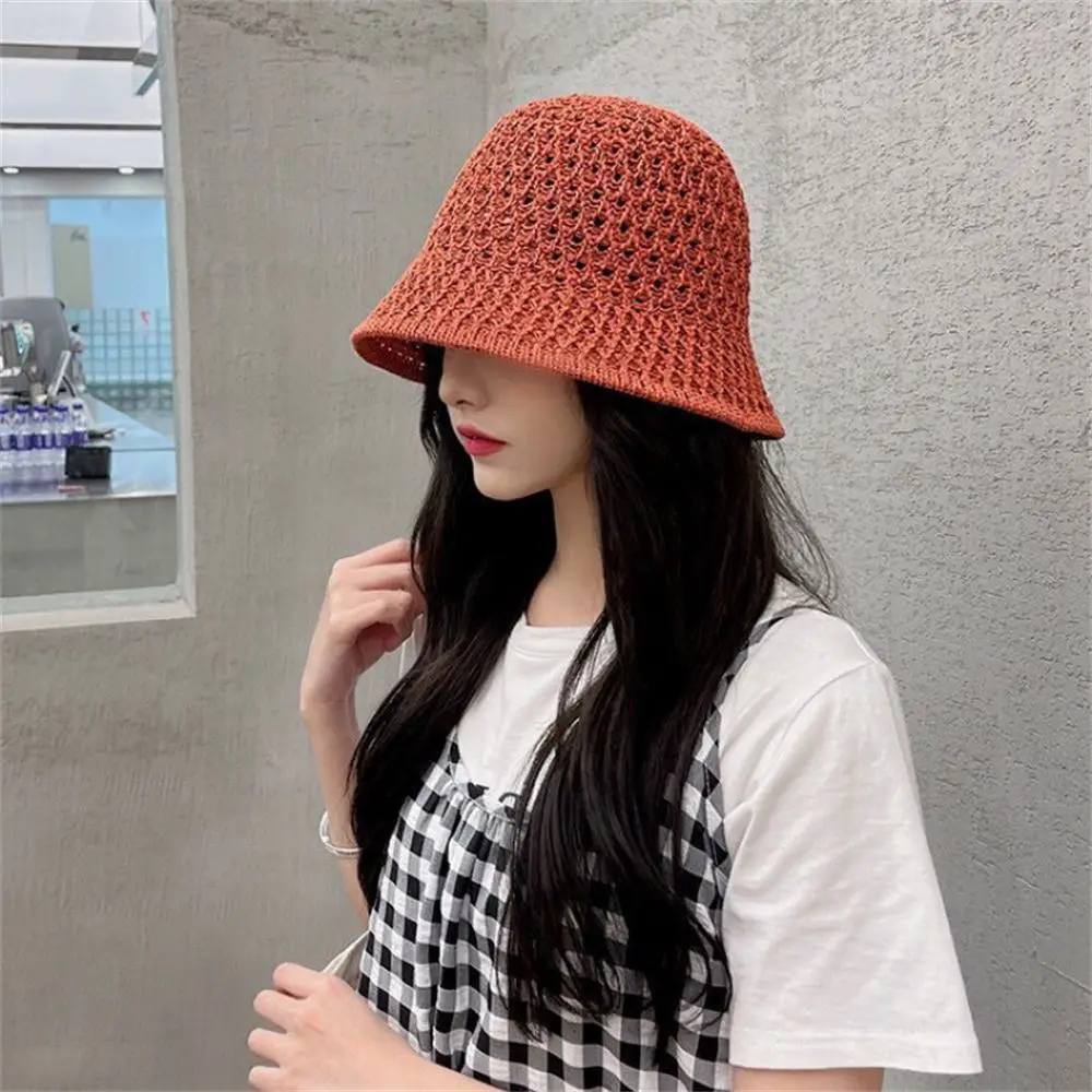 Solid Handmade Crochet Floppy Top Summer Hats For Women Hollow Out Knit Dome Bucket Hat Wide Brim Foldable Beach Caps