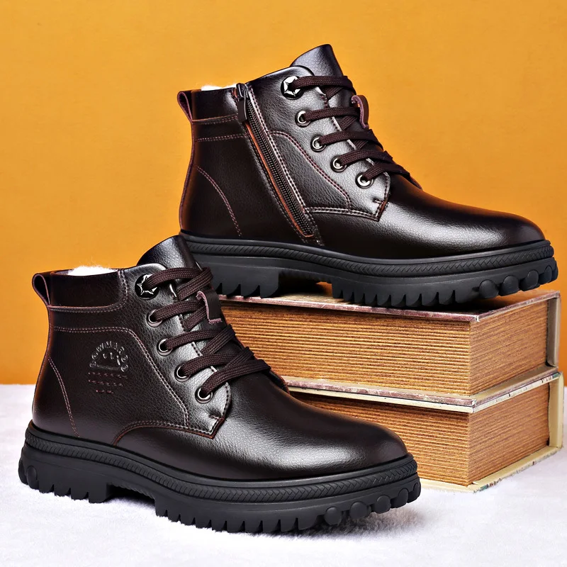 Winter Genuine Leather Men's Boots Natural Fur Warm Ankle Boots Working Men Footwear Waterproof Snow Rubber