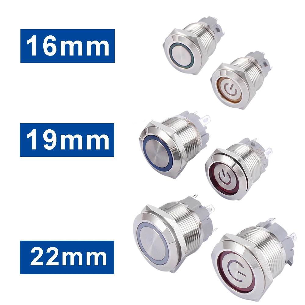 16 mm 19mm 22mm  kov strčit knoflík spínač krátce kolíků aretace latching self-reset momentální 1NO LED červená modrý žlutý zelený bělouš