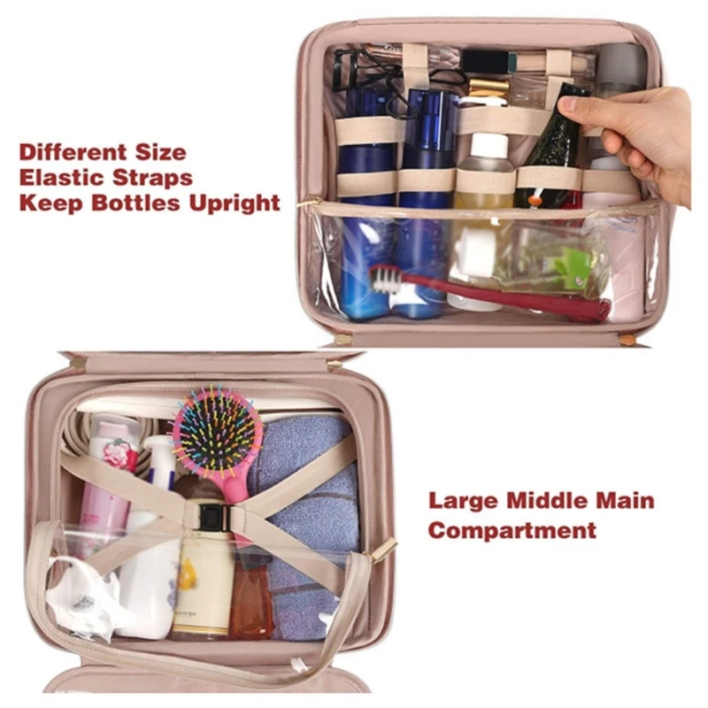 Travel Toiletry Bag with Hanging Hook Waterproof Makeup Cosmetic Bag Toiletries for Women Girl Leather Storage