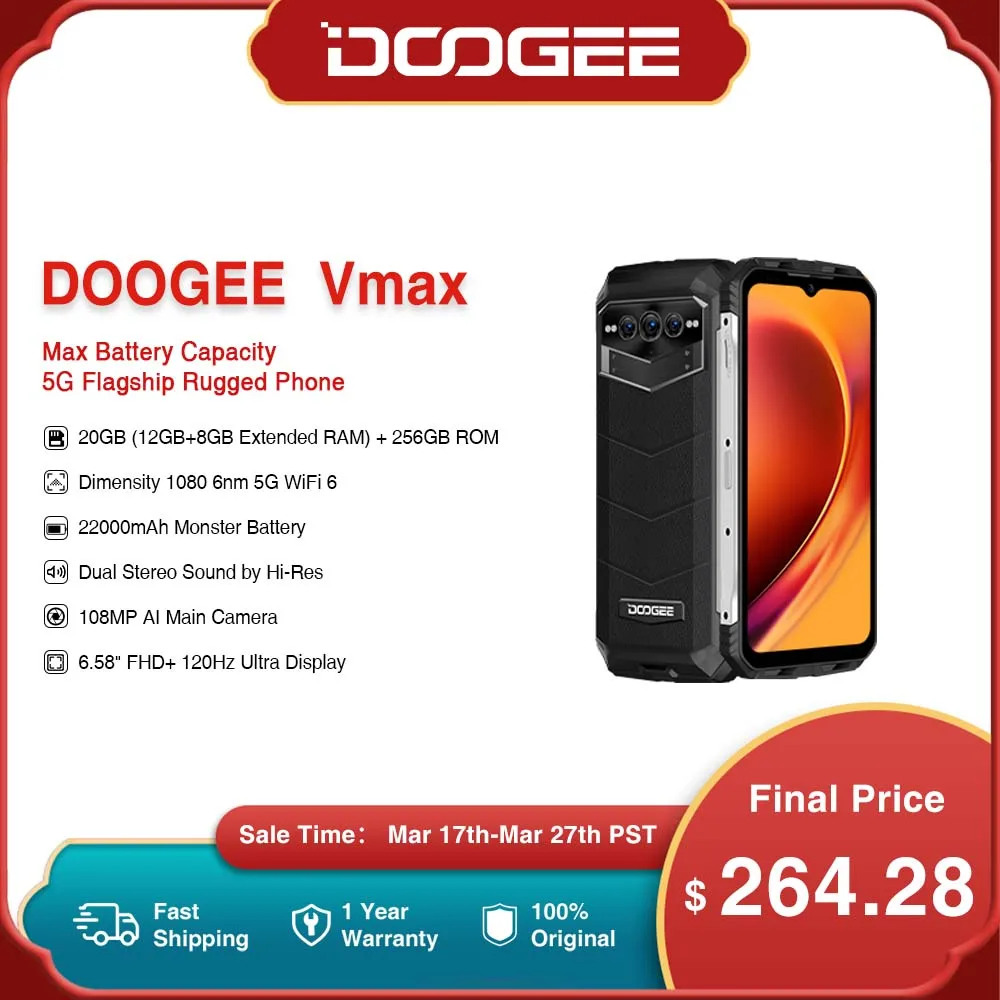 DOOGEE V Max 5G 6.58 120Hz Dimensity 1080 Hi-Res 108MP AI Main Camera Octa Core 12GB RAM+256GB ROM 22000mAh