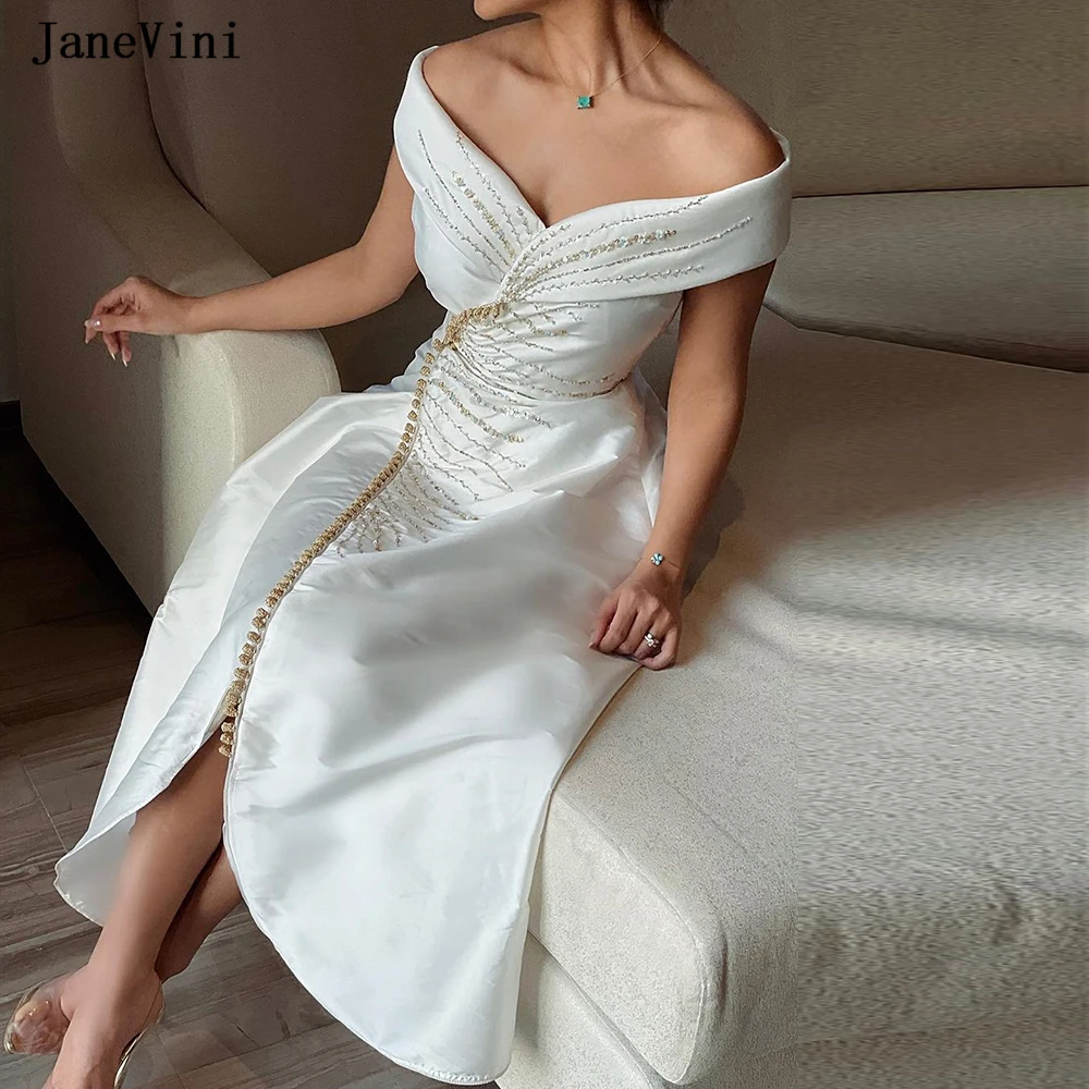 

JaneVini Elegant Arabic White A Line Evening Dresses Beading Off Shoulder Tea Length Dubai Luxury Dress for Women Evening Party