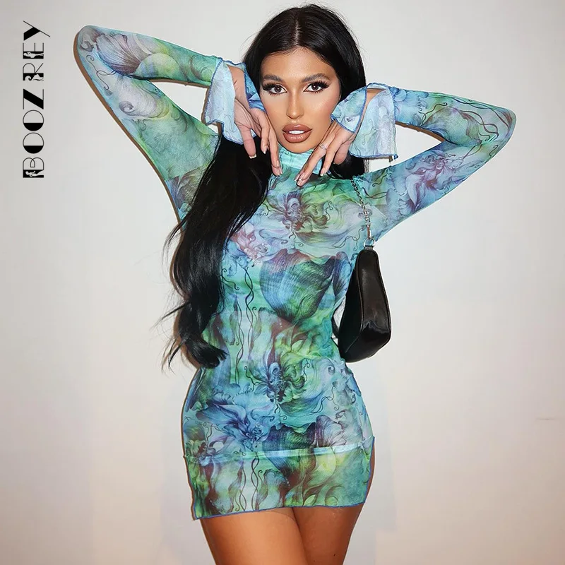 BoozRey Mesh Print Round Neck Flared Sleeves Side Open Mini Dress Women's Summer Bodycon Party Clubwear Dress Vestidos De Mujer full sleeves a line prom gown solid color knee length simple party dresses square collar daily فساتين للحفلات الراقصة