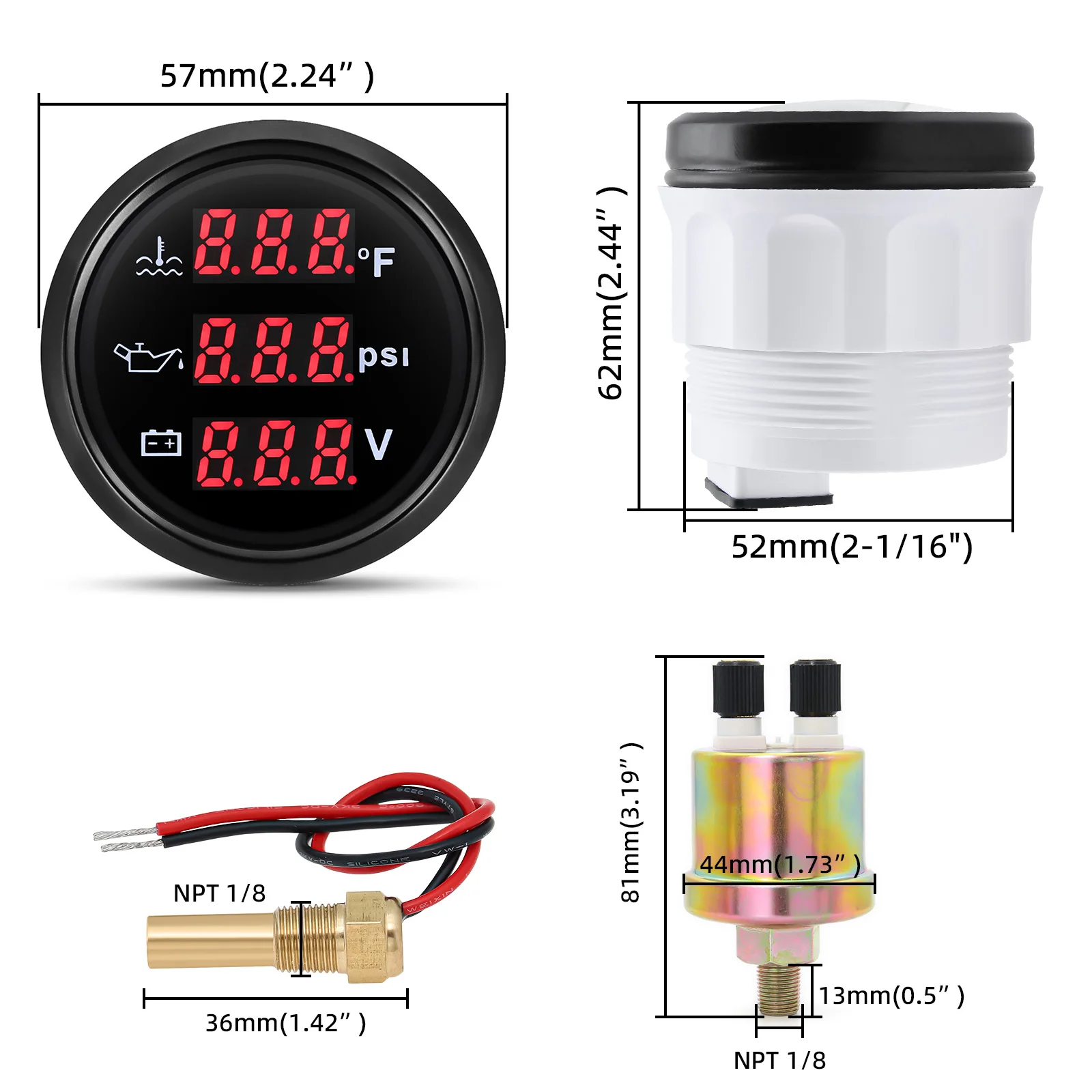 디지털 수온 게이지, 화씨 오일 압력 계량기 PSI 전압계, 오일 프레스 센서 포함, 1/8NPT, 10mm, 52mm, 3 인 1