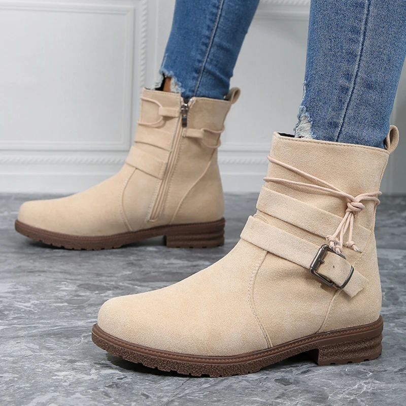 Fashion Women's Boots Suede and Calf Fashion Boots Fall Low Heel Foot Cover British Wind Platform Boots Large Size Women's Shoes