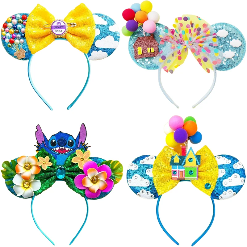 

Cute Anime Pixar Up Headbands For Kids Disney Colors Sequins Bow Hot Air Balloon House Hairband Women Hair Accessories Girl Gift