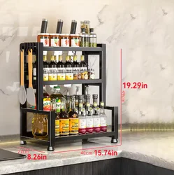 3 - Tier Adjustable Metal Spice Rack Organizer with Knife Holder and Hooks - Black - B (Black 3)