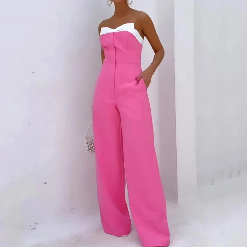 LIYONG Women Jumpsuit Summer Fashion Sexy Strapless Solid Sleeveless Nipped Waist Casual Loose Wide Legs Romper High Streetwear