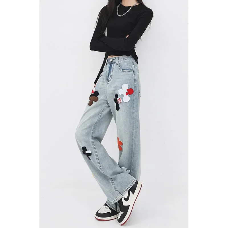 Casual Elegant Flowers Print High Waist Pants High Street Style Blue Straight Jeans Women's Wide Leg Baggy Y2K Denim Trouser