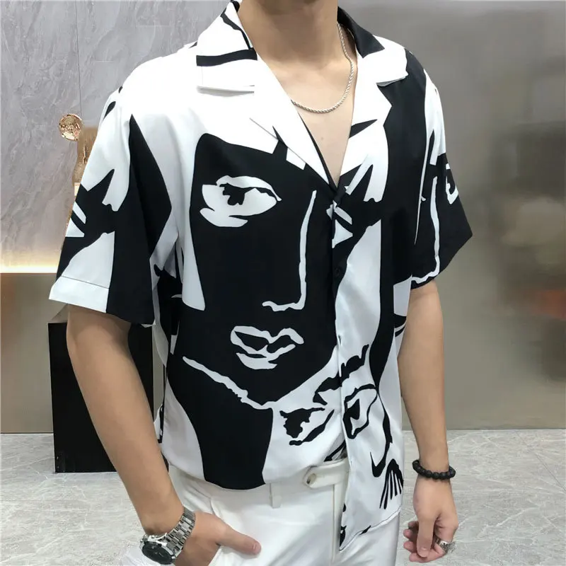 

Streetwear Casual Men Shirt Summer Portrait Black White Contrast Print Shirt Short Sleeve Camisa Masculina Shirt Moda Hombre