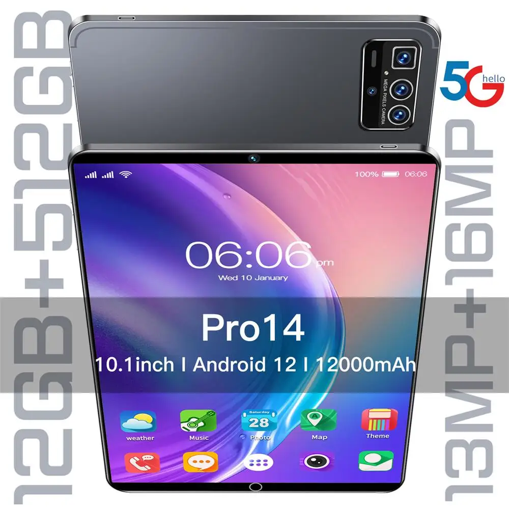 

Pro 14 Tablet PC 10.1 Inch HD Screen Android 12 RAM:12/16GB-ROM:512GB-1TB GPS+FM+WIFI+BT Support Double Card Keyboard 12000mAh