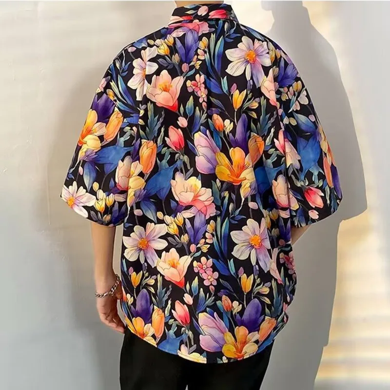 Summer Men Loose Shirt Tulip Floral Printed Blouses For Male Short Sleeve Shirts Top Vacation Clothes Fashion Streetwear