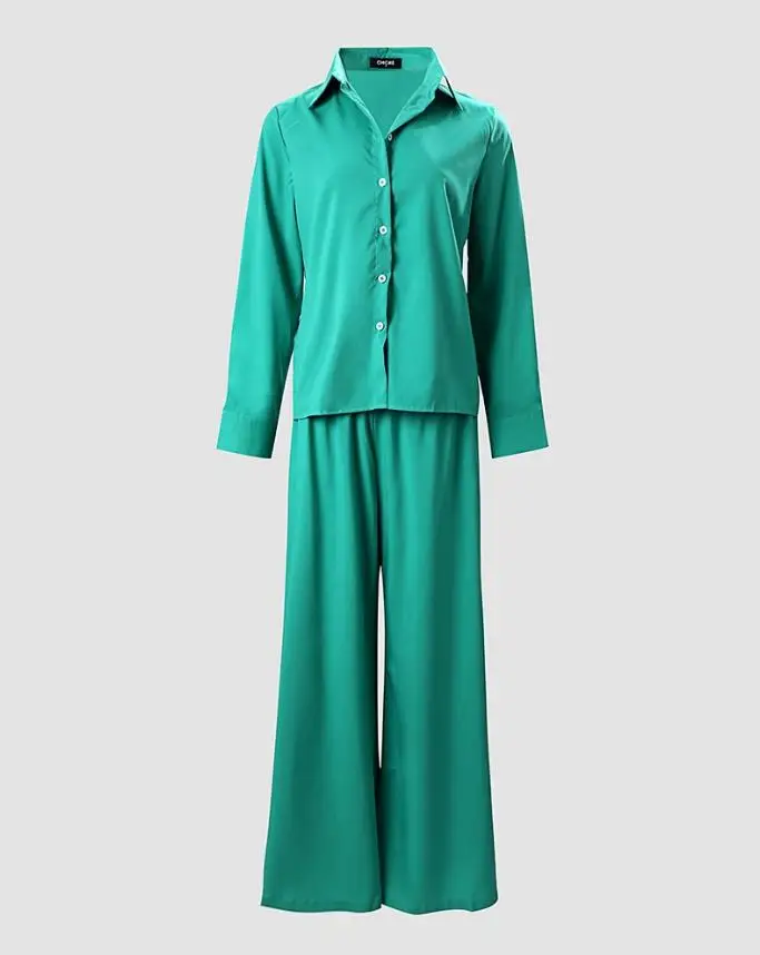 Women's Casual Clothing Long Sleeve Button Design Top & Wide Leg Pants Set Temperament Commuting Women Fashion Trousers Outfits