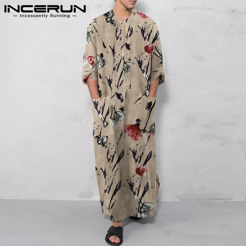 

INCERUN Men Muslim Jubba Thobe Printing Cotton Pockets Loose Vintage Caftan Men 2023 O-neck Long Sleeve Islamic Arabic Kaftan