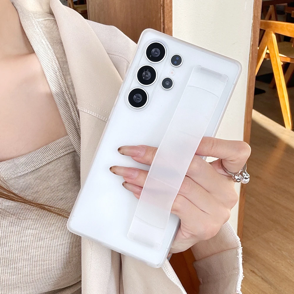 Silicone Elastic Wrist Strap Shockproof Phone Case with Stand Holder - Matte Clear Soft Bumper Cover