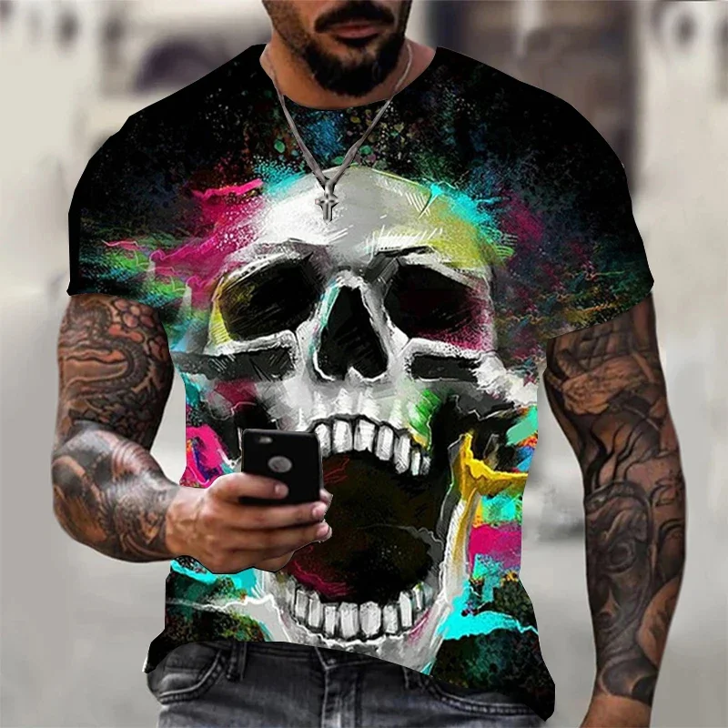 

Vintage Men's T-shirt Skull Magician 3d Print Short-sleeved Tops Tees 2023 New Summer Black Loose Fashion Oversized Clothing