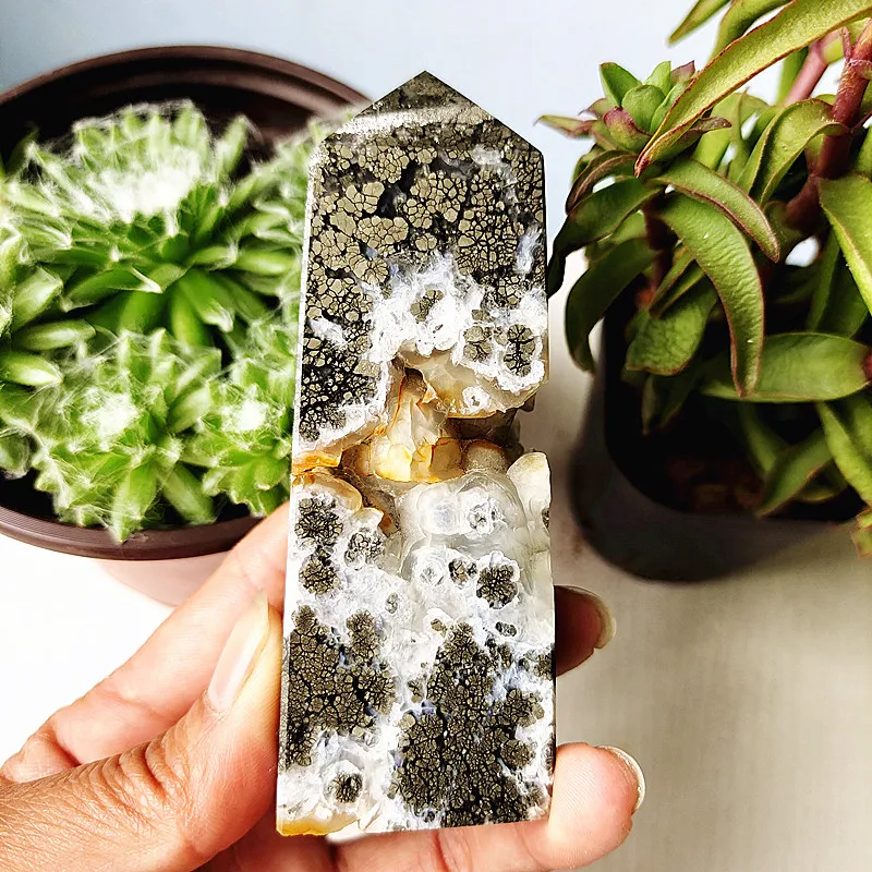 Natural Agate Crystal Tower Stone Wand Point  Room Decoration Agate and Pyrite Mineral Symbiont Ornaments Reiki Healing Crystals 5