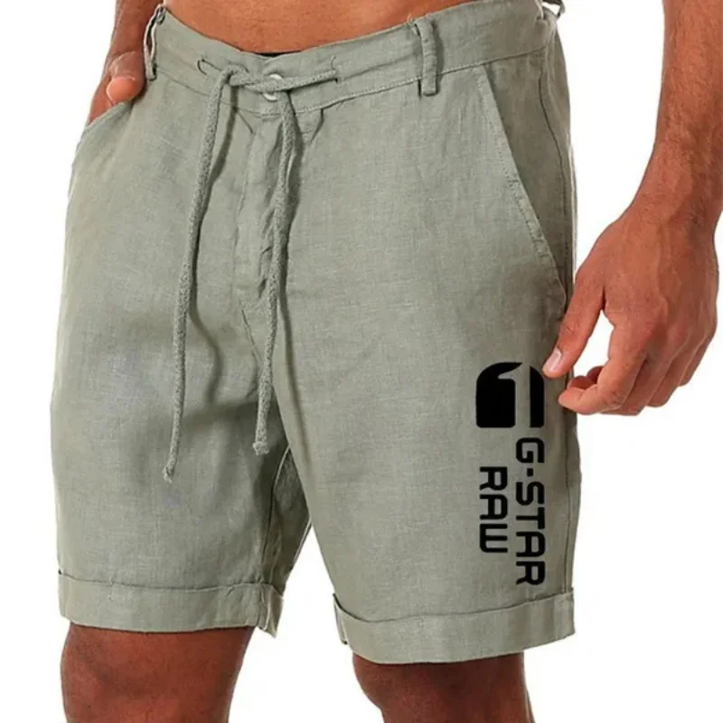 

Fashion Print Men's Linen Shorts Summer Breathable Beachwear Male Leisure Loose Solid Color Sports Shorts Drawstring Streetwear