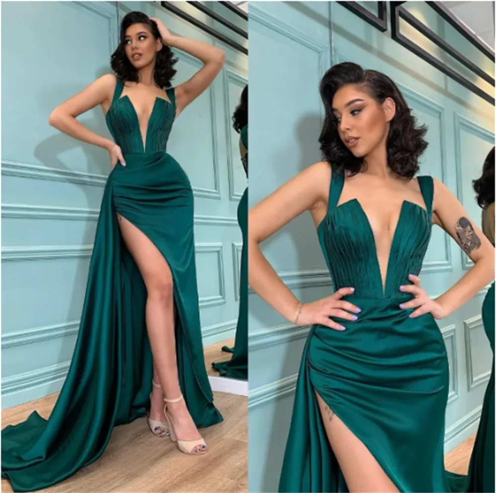 

Sexy Dark Green Prom Dresses V Neck Evening Gowns Slit Pleats Formal Red Carpet Long Special Occasion Dress Vestidos Para Mujer
