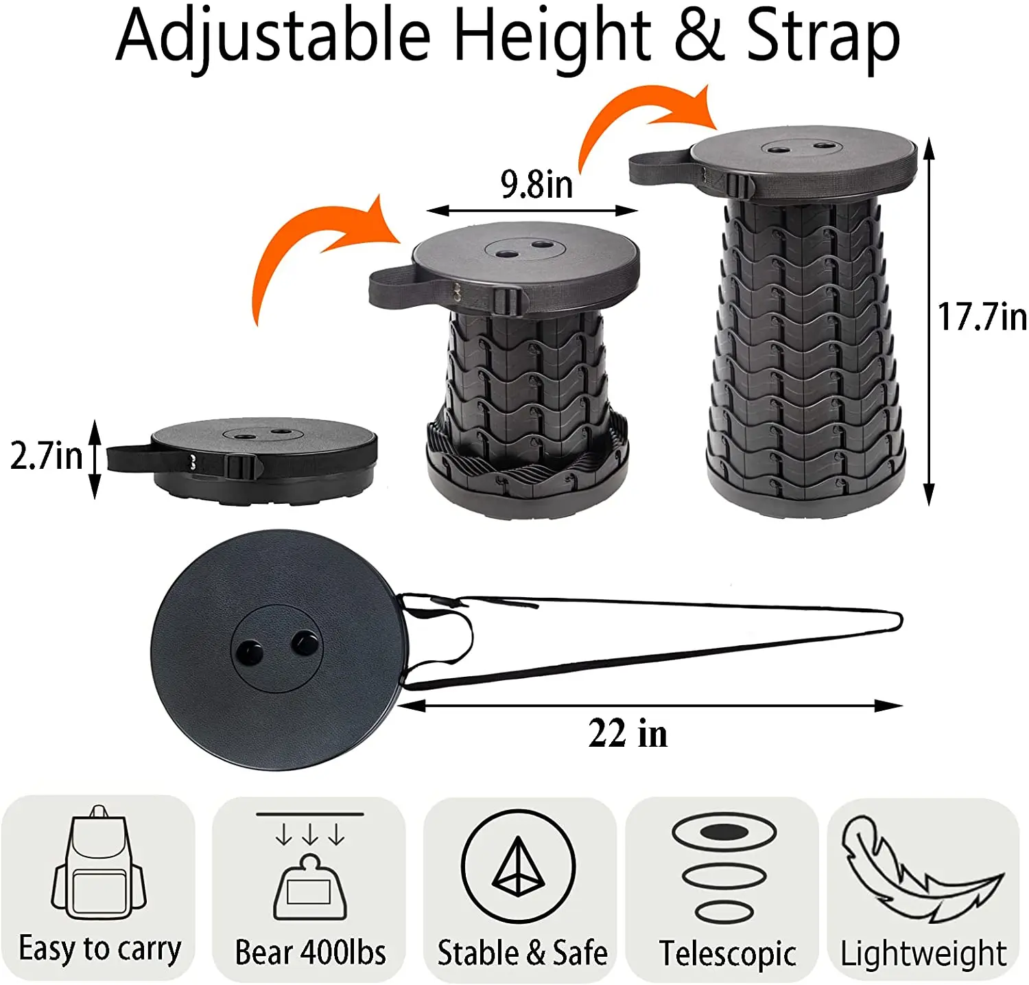 Folding Stool Retractable Folding Stool Portable Telescopic Chair for Adults Lightweight Outdoor Stool for Camping Fishing Max Load 400lbs