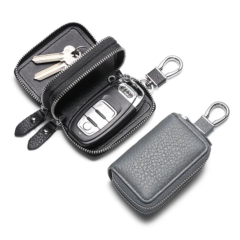 

Leather Men Women Key Holder House Keychain Bag Organizer Car Key Case Double Zipper Pouch Multifunctional Wallet Mini Purse